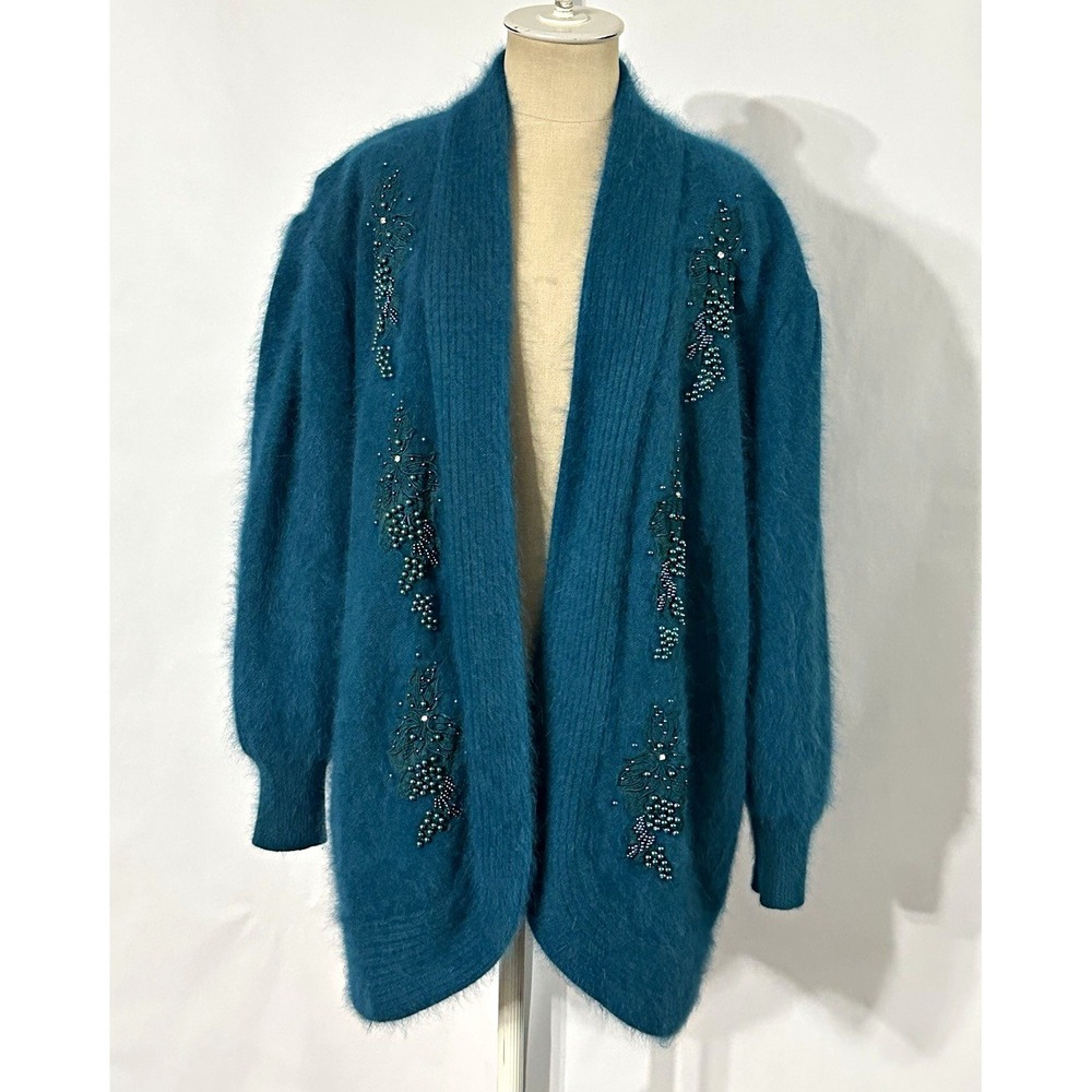 Jamie Vintage Teal Blue Angora Blend Knit Beaded Open Front Fuzzy Cardigan